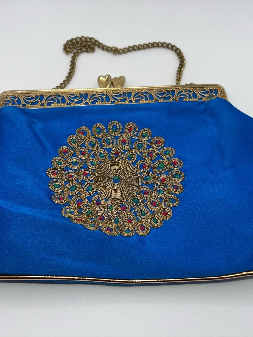 Blue Embellished Evening Clutch with Gold Accents